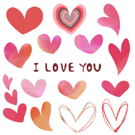 Set of watercolor hearts. Hand-drawn various hearts isolated on white background.のイラスト素材
