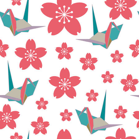 Seamless pattern of cherry blossoms and origami cranesのイラスト素材