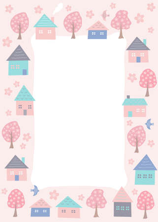Spring frame of houses, cherry blossom trees and birdsのイラスト素材