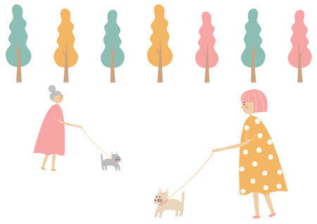 Young girls walking with dogのイラスト素材