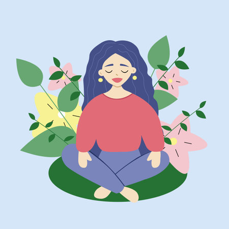 Peaceful girl in flowers nature relaxing and meditating.
Beautiful female cares about herself. 
Natural relaxation for inner peace and health.
Kindness and natural relax concept.のイラスト素材