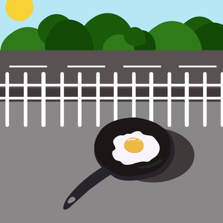 Frying egg on sidewalk illustration. Hot egg frying on road under
sun. Hot summer. Egg frying in hot weather.のイラスト素材