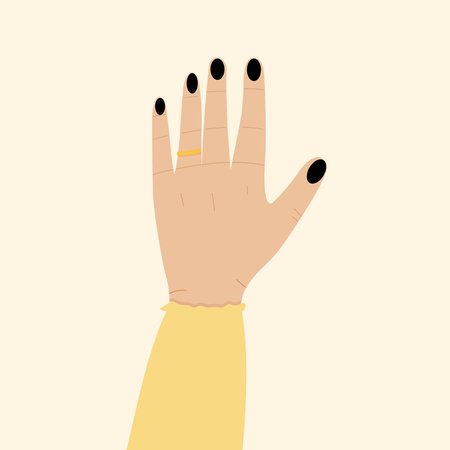 Hand of married woman with ring illustration. Wedding ring on
woman finger. Female hand for postcard print and posters.のイラスト素材