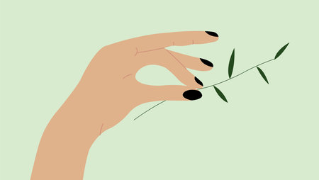 Branch of olive tree in hand illustration. Woman hand with leaves.
Vector hand with floral branch for template print and design.のイラスト素材