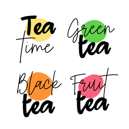 Diverse tea labels and names in set for packaging print. Fruit, black, green tea in trendy design.のイラスト素材
