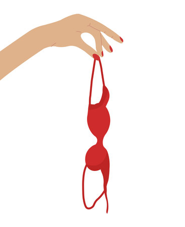 Hand holding red bra in consept of breast awareness. Brassiere hanging isolated.のイラスト素材