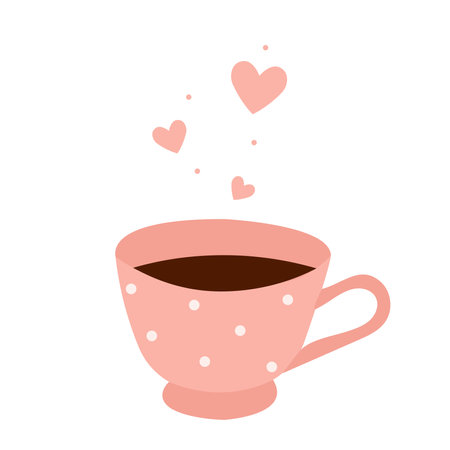 Cute pink mug with hot tasty tea. Cup of home drink with love and cozy mood.のイラスト素材