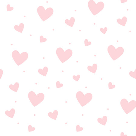 Cute seamless pink pattern with hearts and polka dot. Light hearts on white background for print.のイラスト素材