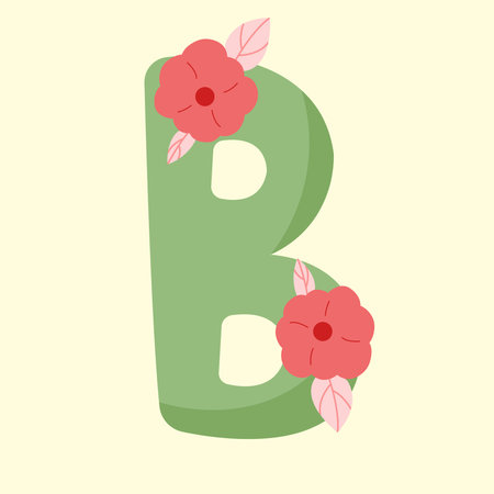 Cute Colored B letter with flowers. Hand drawing font for name postcard design.のイラスト素材