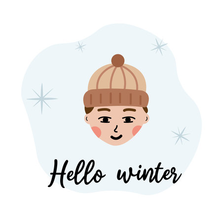 Hello winter hygge cozy illustration boy face with lettering. Perfect for postcard, template, book print.のイラスト素材