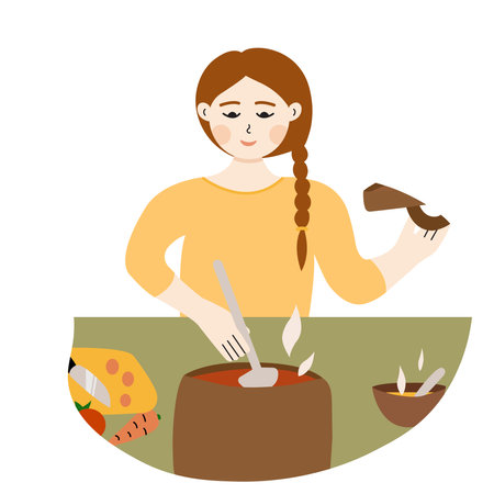 Young woman cooked tasty soup in kitchen.のイラスト素材