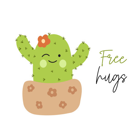 Cute cactus with free hugs inspirational text lettering illustration.のイラスト素材