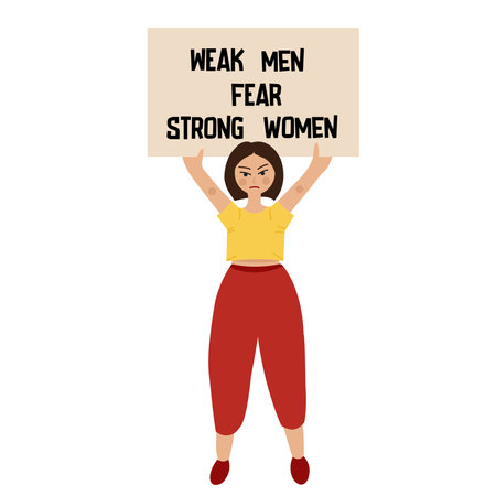 Woman protesting to support their rights. Men fear strong women text.のイラスト素材