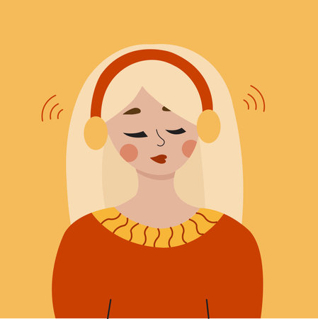Vintage retro style illustration of a woman in asmr earphones meditating and listening music.のイラスト素材