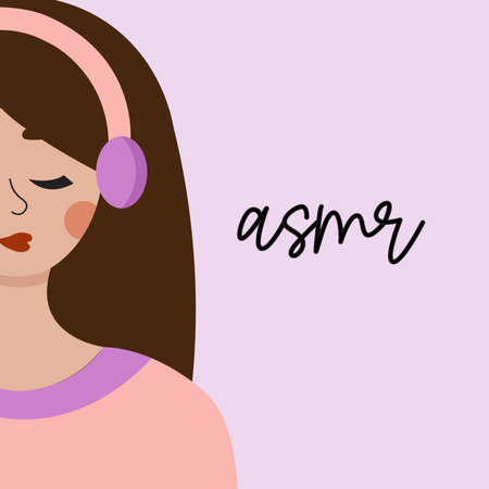Girl in pink clothes listening to asmr voices and meditating. Flat vector illustration about podcast meditation.のイラスト素材