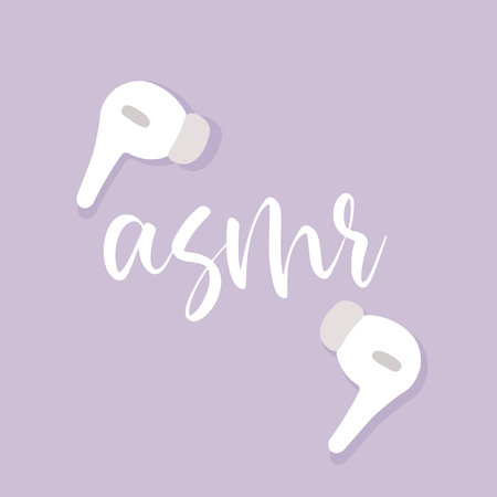 ASMR earphones on purple background vector flat illustration.のイラスト素材
