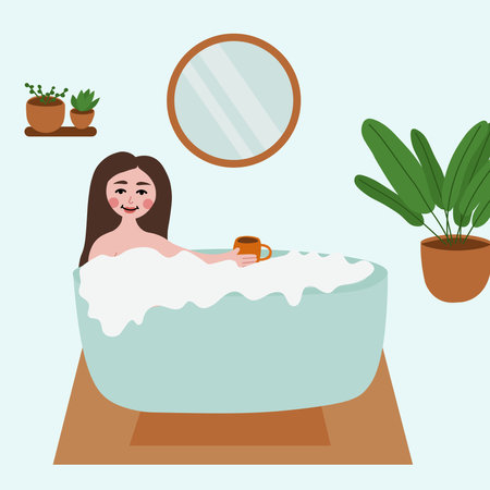 Beautiful young woman taking bath in bath tube and drinking cup of coffee. Bathroom illustration for print.のイラスト素材
