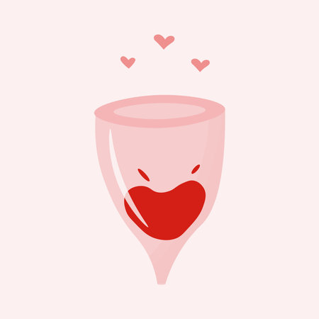 Illustration of menstrual reusable cup with blood and hearts. Eco-friendly zero waste cup for menstrual period.のイラスト素材