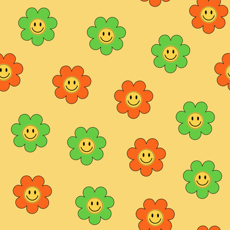 Seamless pattern retro y2k style colored with smiling flowers green and orange colors.のイラスト素材