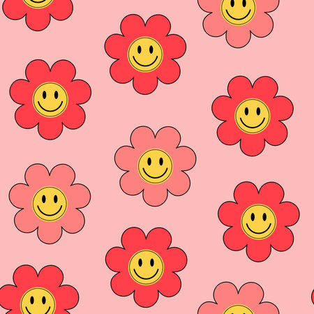 Funny pink retro floral pattern y2k vintage style with smiling emojis. Valentines day and girly pattern.のイラスト素材