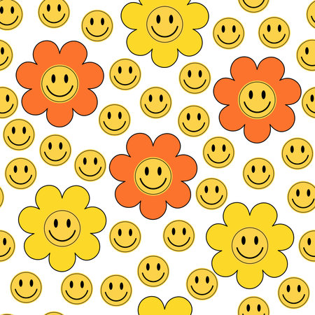 Y2k seamless retro style floral pattern. Yellow and orange colored emoji and flowers for textile.のイラスト素材
