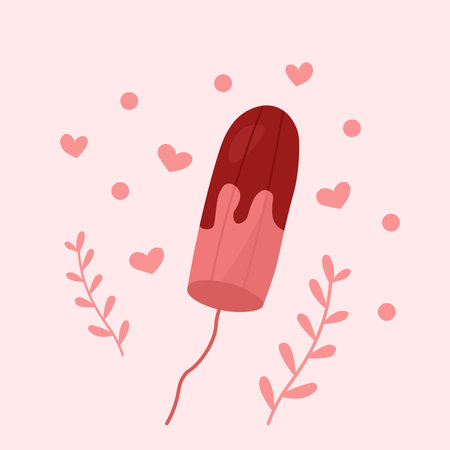 Menstrual period bloody used tampon in pink color cartoon style. Female ovulation and fertility.のイラスト素材