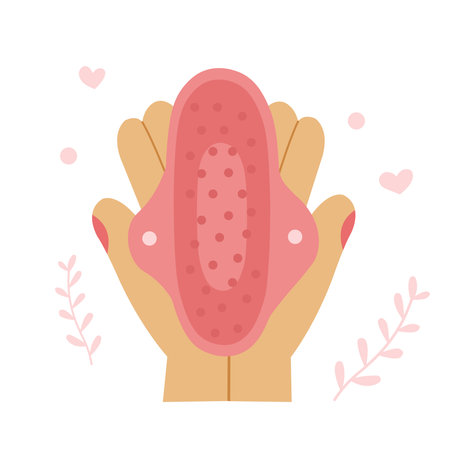 Reusable menstrual pad holding in woman hands in pink illustration.のイラスト素材