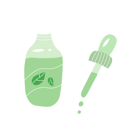 Green liquid drug with bottle and pipette. Doodle cartoon illustration of liquid medicine.のイラスト素材