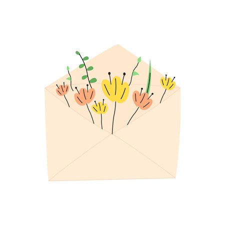 Cute cartoon illustration of envelope with flowers in yellow and pink color. Plants in envelope doodle.のイラスト素材