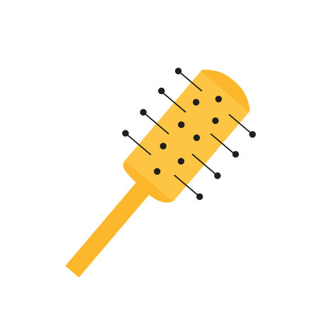 Flat designed yellow hair brush styling concept. Doodle illustration hair comb in yellow color.のイラスト素材