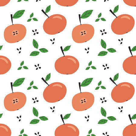 Apples red doodle seamless pattern in cartoon style. Textile fabric fruit with seeds.のイラスト素材