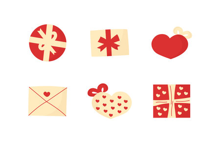 Gift valentine boxes red and white set. Doodle cartoon christmas and wedding wrapping.のイラスト素材