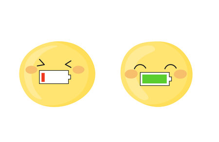 Cute funny and angry emoji. Empty and full charge illustrations.