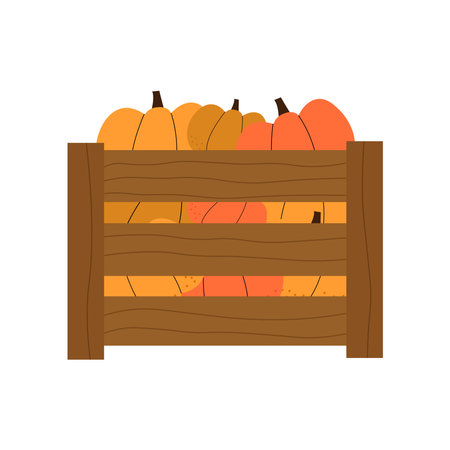 Flat illustration of a wooden crate filled with pumpkins in simple, minimalistic designのイラスト素材