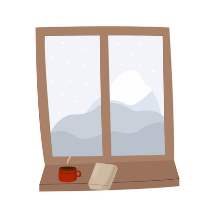 Warm winter window illustration with mountainsのイラスト素材