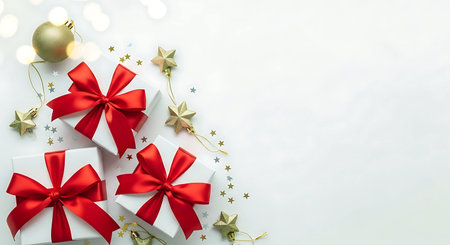 Top view of elegantly wrapped Christmas gifts with vibrant red ribbons, golden star ornaments, and sparkling bokeh lights on a bright background. Perfect for festive greetings.の素材