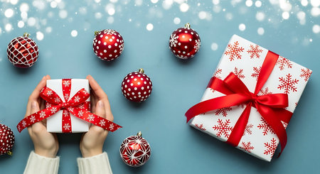 Person's hands holding a small white Christmas gift box with a red snowflake ribbon, surrounded by festive red ornaments on a blue background with bokeh lights, symbolizing holiday joy and giving.の素材