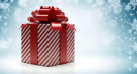 A festive red and white striped gift box with a big red bow. Set on a bright winter background with falling snowflakes and soft bokeh lights. Ideal for holiday themes.の素材
