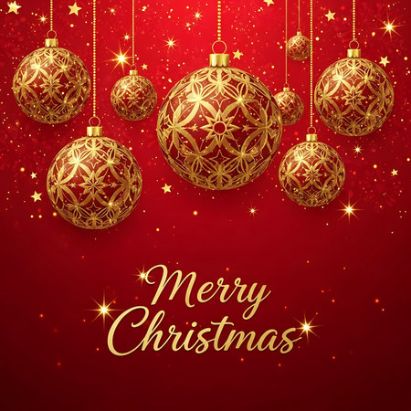 A festive illustration featuring elegant red and gold Christmas ornaments hanging against a sparkling red background. Includes golden "Merry Christmas" text.の素材