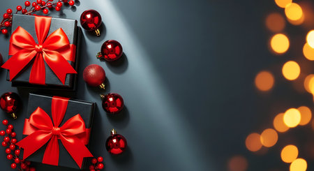 An elegant overhead view of black gift boxes with red bows, accompanied by red christmas ornaments and berries on a dark backdrop with golden bokeh lights.の素材