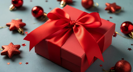 Vibrant red gift box, elegant satin bow. Surrounded by festive red christmas ornaments and star confetti on light blue. Perfect for holiday season and celebrations.の素材