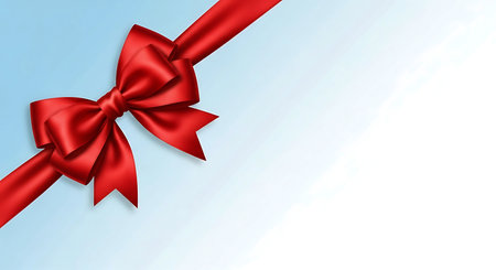 A vibrant red silk bow and ribbon diagonally presented on a light blue to white gradient background. Ideal for greeting cards, gift promotions, and festive designs with ample copy space.の素材