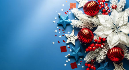Overhead view of festive Christmas decorations: red ornaments, white poinsettia, stars, frosted branches on blue. Ideal for holiday greetings, winter marketing, and seasonal design projects.の素材