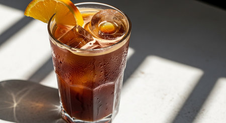 A tall glass of iced coffee, garnished with a vibrant orange slice, sits on a surface bathed in natural sunlight, casting distinct shadows.の写真素材