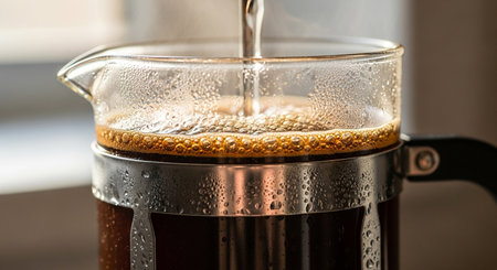 Close-up view of hot water being poured into a glass French press coffee maker, showcasing the brewing process.の写真素材