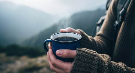 Close up of hands holding a blue mug filled with hot coffee, steam rising, with a blurred mountain backgroundの写真素材
