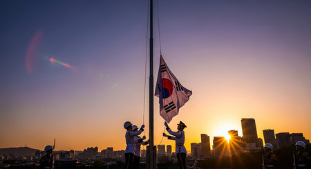 Two individuals raise the South Korean flag on a pole against a vibrant sunset, with a city skyline...