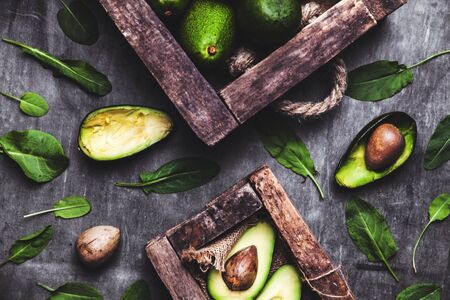 Avocado. Healthy food on the table. Vintage wooden boxの写真素材