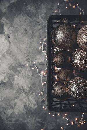 Christmas or New Year background:Christmas toys in vintage style on a gray background. New Year's sceneryの写真素材