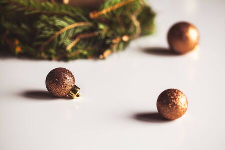 Christmas decorations for mood, toys, Christmas tree twig, lights. New Yearの写真素材